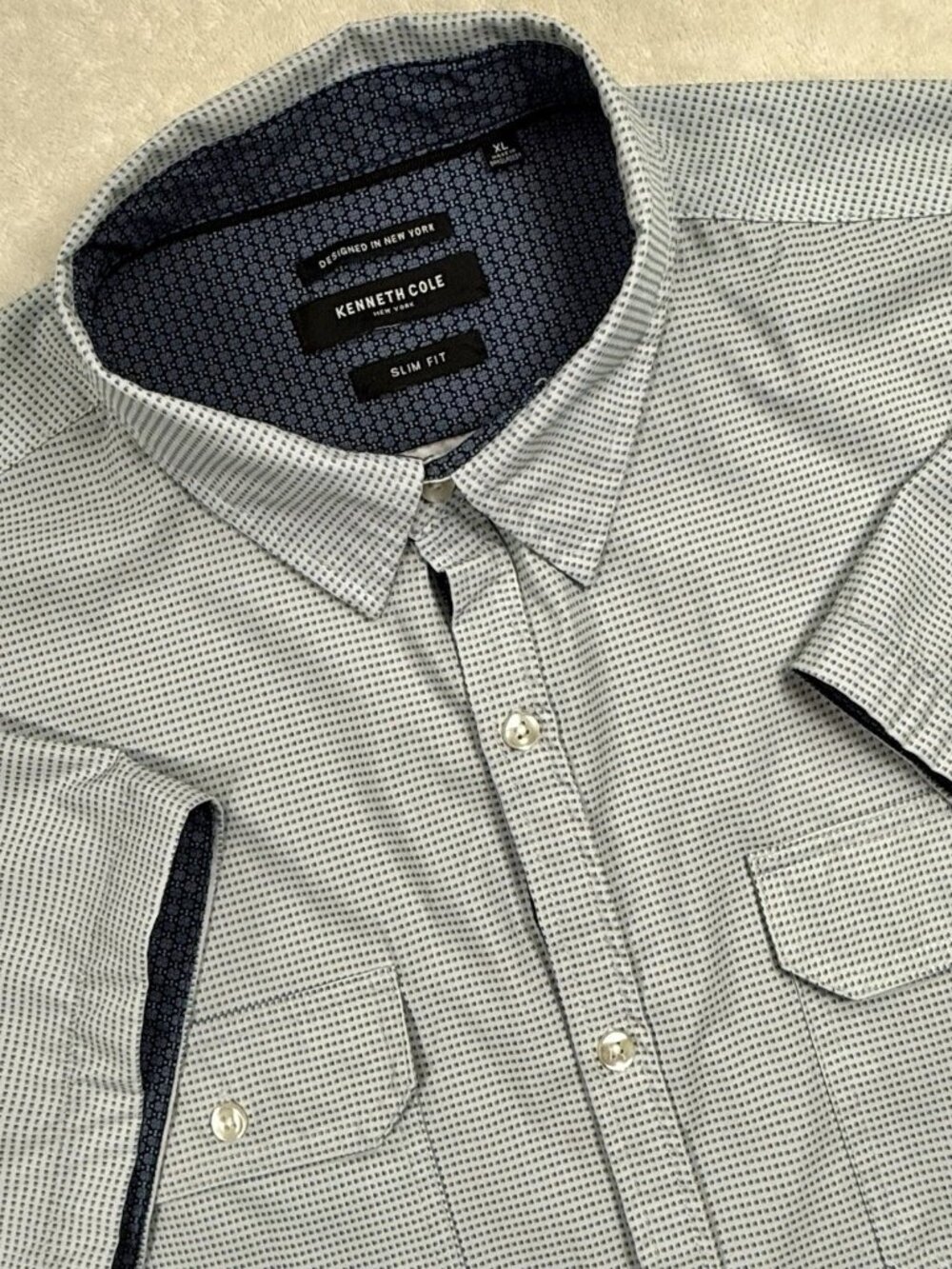 Kenneth Cole New York Mens XL Slim Fit Light Blue Stretch Short Sleeve Shirt - Picture 3 of 10